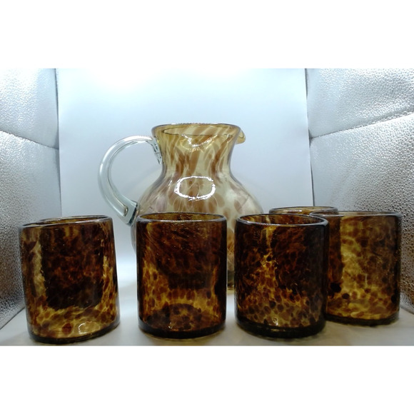 Blown Glass Tortoise Shell Leopard Mexico Rose Ann Hall Designs 6 Cups 1 Pitcher - Picture 4 of 4